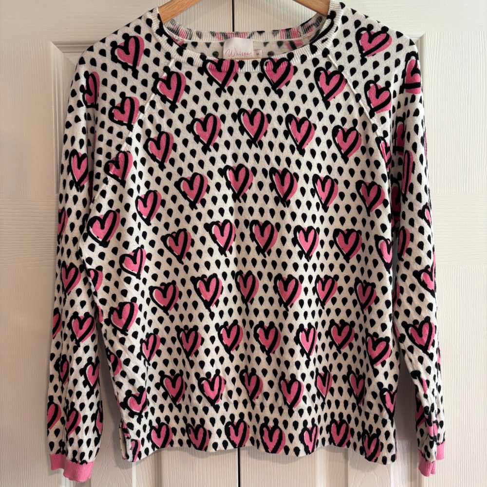 Whisper by Brodie Cashmere Cotton & Silk Sweater Crewneck White Pink Hearts Sz S